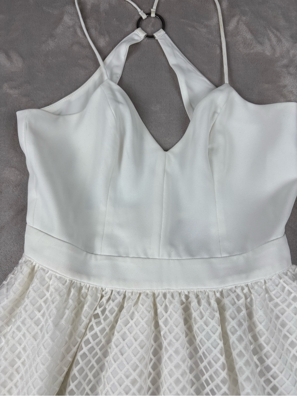 NBD XS White Mesh Overlay Midi Dress Ring Halter Fit Flare Party Cocktail Bridal - Picture 6 of 10